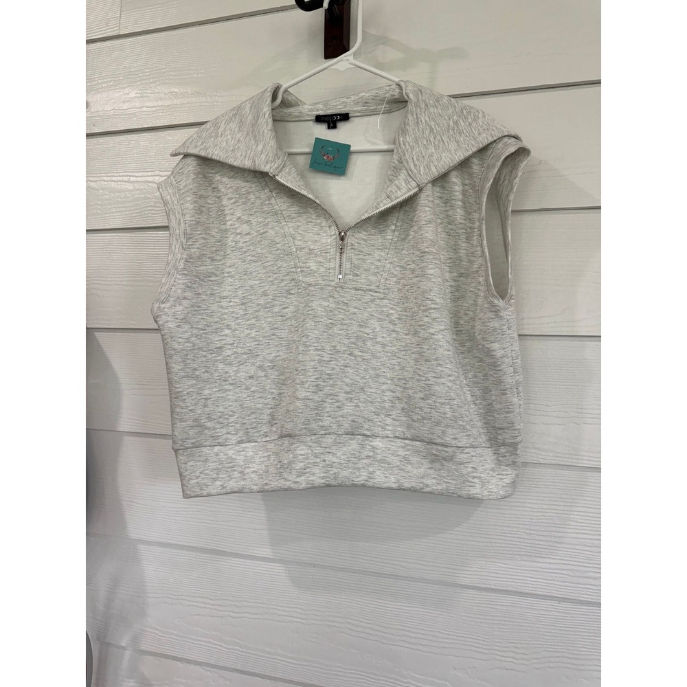 Women Heather Gray 2 Piece Lounge Set Quarter Zip Sleeveless Top and Shorts